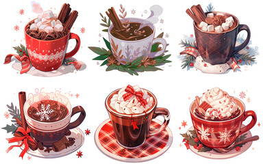 Christmas coffee cups adorned with whipped cream, candy canes, chocolate, cinnamon sticks, and other festive decorations.Generative Ai