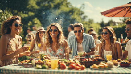 Fototapeta na wymiar Happy family and friends having a picnic barbeque grill in garden, Enjoy party. ai generative