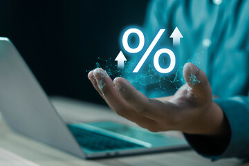 Businessmen show rate interest percentage rise, high, rise credit, business, bank, dividend,...