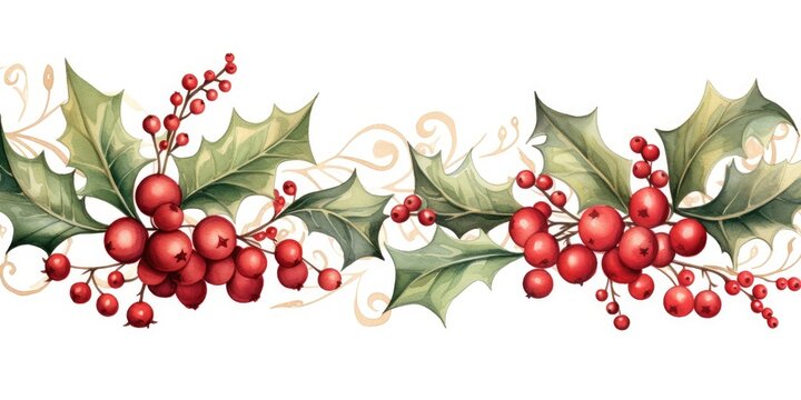 watercolor holly leaves and berries border Generative AI