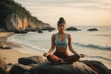 Fototapeta na wymiar A young woman meditating on a rock at the seashore on the beach, practicing mindfulness and focused breathing to improve her mental well-being.