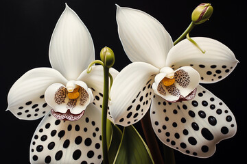 Beautiful spotted white orchid flowers on black background. Close-up photo shot. Generative AI