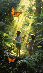 Naklejka na ściany i meble In the tropical forest, children play with glowing butterflies running into the sky, a bright sunny day