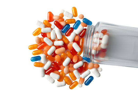 A Set of Capsules, Pill Bottles, and Pharmacy Containers Illustrating the Concept of Medication and Drug Isolation on a Transparent Background