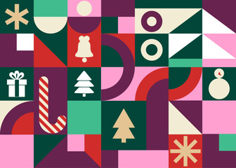 Christmas icons elements with geometric  pattern for wrapping paper, background, wallpaper. Holiday season, Trendy, contemporary abstract design. Modern style. Flat vector illustration. - 658300305