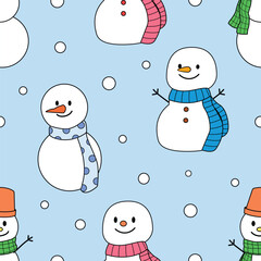 Snowman character design seamless pattern background for illustration, greeting wrapping, winter, wallpaper