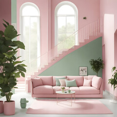 modern living room with comfortable sofa pastel