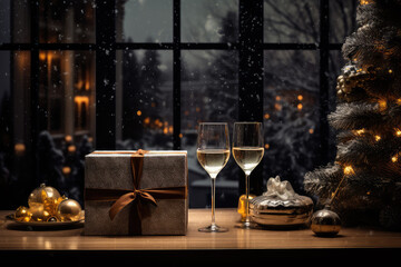 Christmas and New Year background - gift boxes, Christmas tree and wine glasses on the table. Snow falling background.