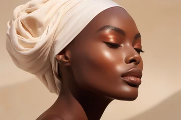 Fotobehang Portrait of a Beautiful african american woman with dark skin and natural make-up © Rudsaphon