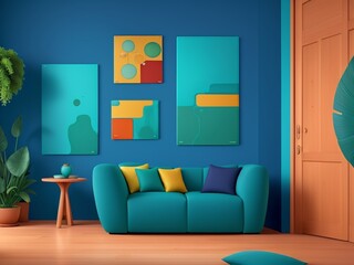 Modern living room with sofa Decorated in a green-blue style. generative AI