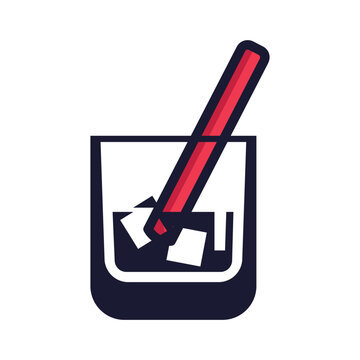 Drinking glass icon with ice cubes and straw