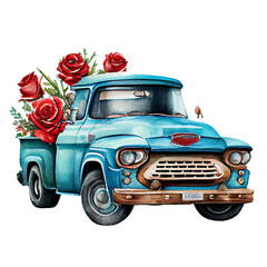 Blue vintage pickup truck carrying flowers, watercolor painting for Valentine's Day decoration. - obrazy, fototapety, plakaty