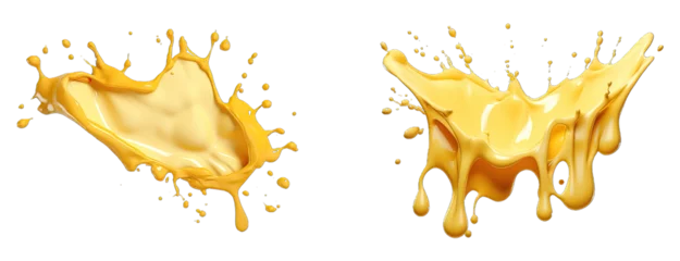 Fotobehang Melting cheese splash with droplets and bubbles, isolated on a transparent background in PNG format. Melting cheese flowing. © png-jpeg-vector