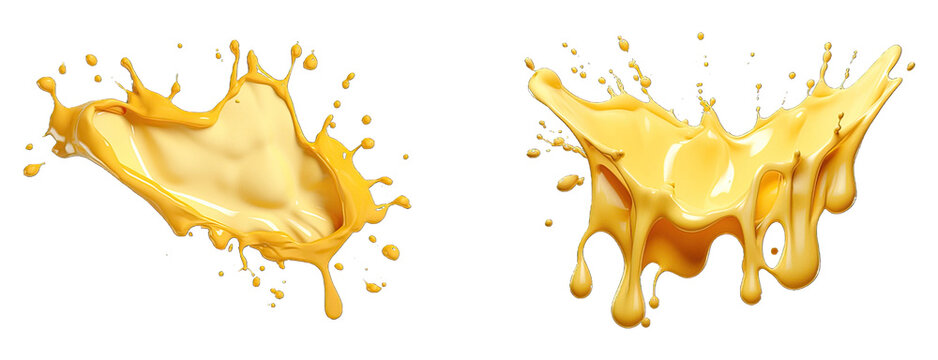 Melting cheese splash with droplets and bubbles, isolated on a transparent background in PNG format. Melting cheese flowing.
