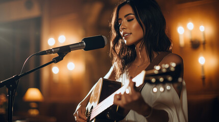 At a cozy pub, a gifted female singer-songwriter takes the spotlight, captivating the audience with soulful ballads. - obrazy, fototapety, plakaty