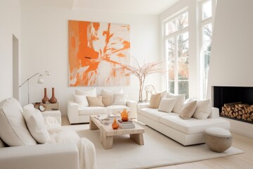 Living room have orange accents, leather sofa and decoration minimal on two tone wall.3d rendering