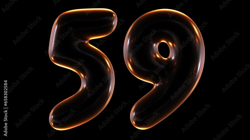 Poster loop animation of glowing number 59 in 3d rendering.