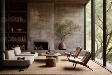 Fototapeta na wymiar Wabi sabi living room interior with fireplace . Interior mockup, 3d render