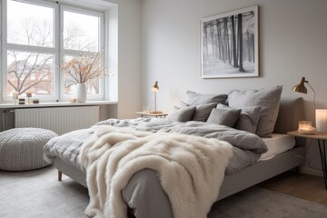 Fototapeta na wymiar New scandinavian interior of flat design. Bedroom cozy