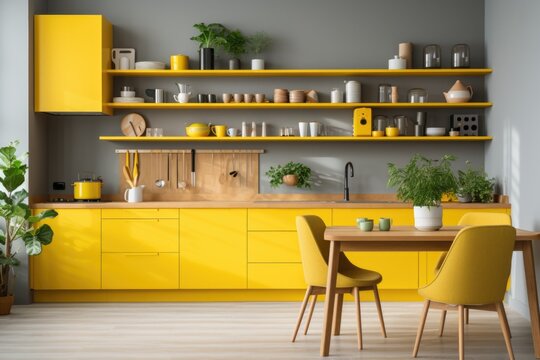 Stylish yellow kitchen interior with furniture and appliances. Style and design concept. 3D Rendering