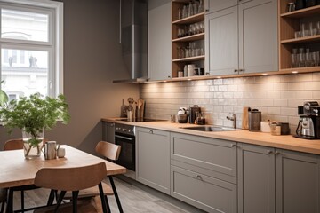 Kitchen in a modern style with a light worktop with sink, stove, oven, kitchen utensils. There are grey boxes under the countertop. 3D rendering. - obrazy, fototapety, plakaty