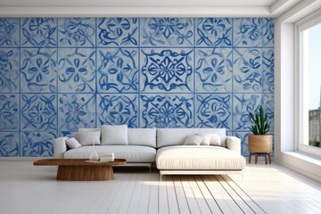 Original minimalistic design of room with portugal pattern. Incredibly beautiful 3D rendering of a living room design with azulejo elements and nostalgic notes of Portuguese culture. - obrazy, fototapety, plakaty