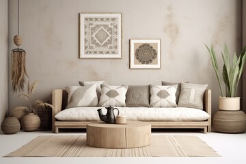 Modern boho interior design of living room with design rattan armchair, gray sofa, coffee table, beige macrame, plants and elegant accessories. Stylish home decor. Abstract paintings. Template. - obrazy, fototapety, plakaty