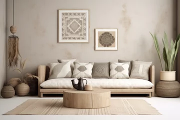 Foto op Plexiglas Modern boho interior design of living room with design rattan armchair, gray sofa, coffee table, beige macrame, plants and elegant accessories. Stylish home decor. Abstract paintings. Template. © Hope