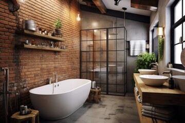 Fototapeta na wymiar Modern bathroom interior with wooden decor in eco style, loft elements . 3D Render