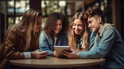 Education: Group of friends studying at university doing activities together, selfies, college, university, starting their studies.