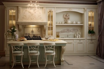 Fototapeta na wymiar Luxury classic modern kitchen in eggshell color or luxury beige. 