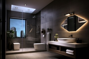 View of luxurious bathroom with bathtub, WC, toilet and armchair at night