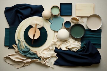Colorful flat lay in beige and turquoise tones, featuring an array of items arranged artfully, creating a harmonious blend of soothing neutrals and vibrant accents, evoking a sense of calm sophisticat