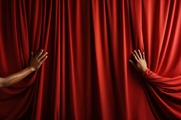 A hand reaching out from behind a red curtain in theatre.