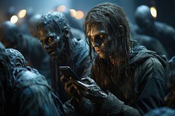 Group of zombies engrossed in modern technology. Smart phones and tablet. - obrazy, fototapety, plakaty