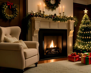 A room in an elegant house with a lit fireplace where the fire can be seen, decorated with a Christmas tree, gifts, and an Advent wreath
