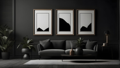 Frame mockup in modern dark home interior background 3d render
