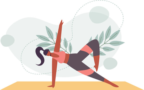 Yoga posture. Girl practising yoga. healthy Lifestyle. Colorful flat vector illustration isolated on a white background. Floral ornaments background.