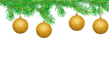 Fototapeta na wymiar Golden balls hang from the fir branches above. Isolated on transparent background.