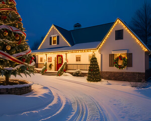 Snow-covered house of a family in the United States adorned with Christmas decorations and holiday lights in December