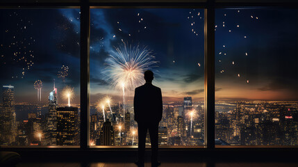 Full length back view of successful businessman in suit standing in office and watching fireworks in the night sky, CEO looking through window at big city buildings, planning new project. - obrazy, fototapety, plakaty