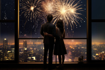 Couple hugging each other Standing in His Office, Looking out of the Window and watching fireworks in the night sky. Big City Business District View.