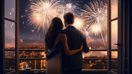 Couple hugging each other Standing in His Office, Looking out of the Window and watching fireworks in the night sky. Big City Business District View. - obrazy, fototapety, plakaty
