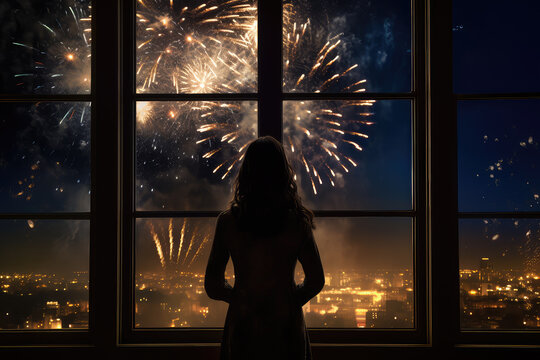 Back View Of The Woman Standing In His Home, Looking Out Of The Window And Watching Fireworks In The Night Sky. Big City Business District View.