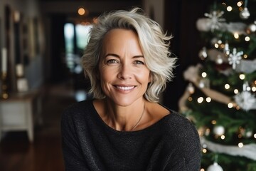 Portrait of smiling middle aged woman with christmas tree in background