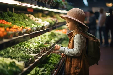 Fotobehang A little girl looking at vegetables in a grocery store. © Degimages