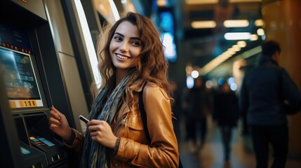 Finance and Shopping: Young woman holding hand full of cash, Portrait of beautiful young woman standing near ATM, Happy wow five bill, Shopping Mall background.