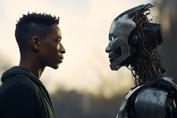 Deurstickers caucasian woman versus a robot looking at each other's faces © Jorge Ferreiro