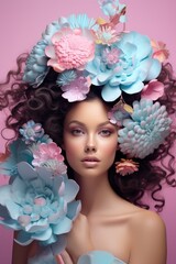 Portrait of attractive brown girl with flowers in her hair on pastel pink background.