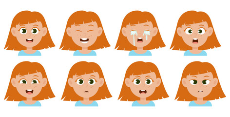 Cute little red hair girl avatar with different facial expression